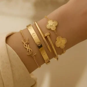 Luxury Gold-Inspired 4-Piece Bracelet Set (طقم أساور فاخر ذهبي اللون — 4 قطع)
